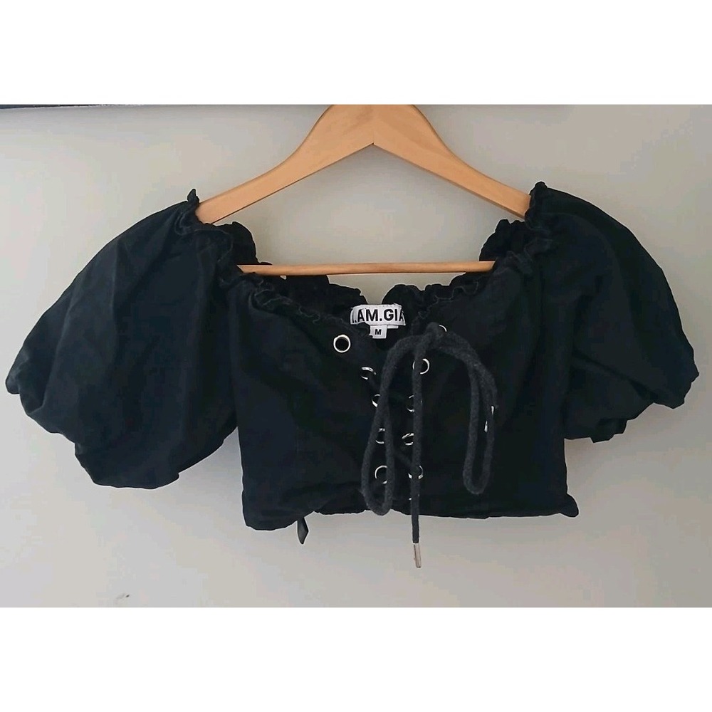 I.AM.GIA Corset Cropped Puff Sleeve Blouse Size Medium Lace Up Milk Maid Y2K